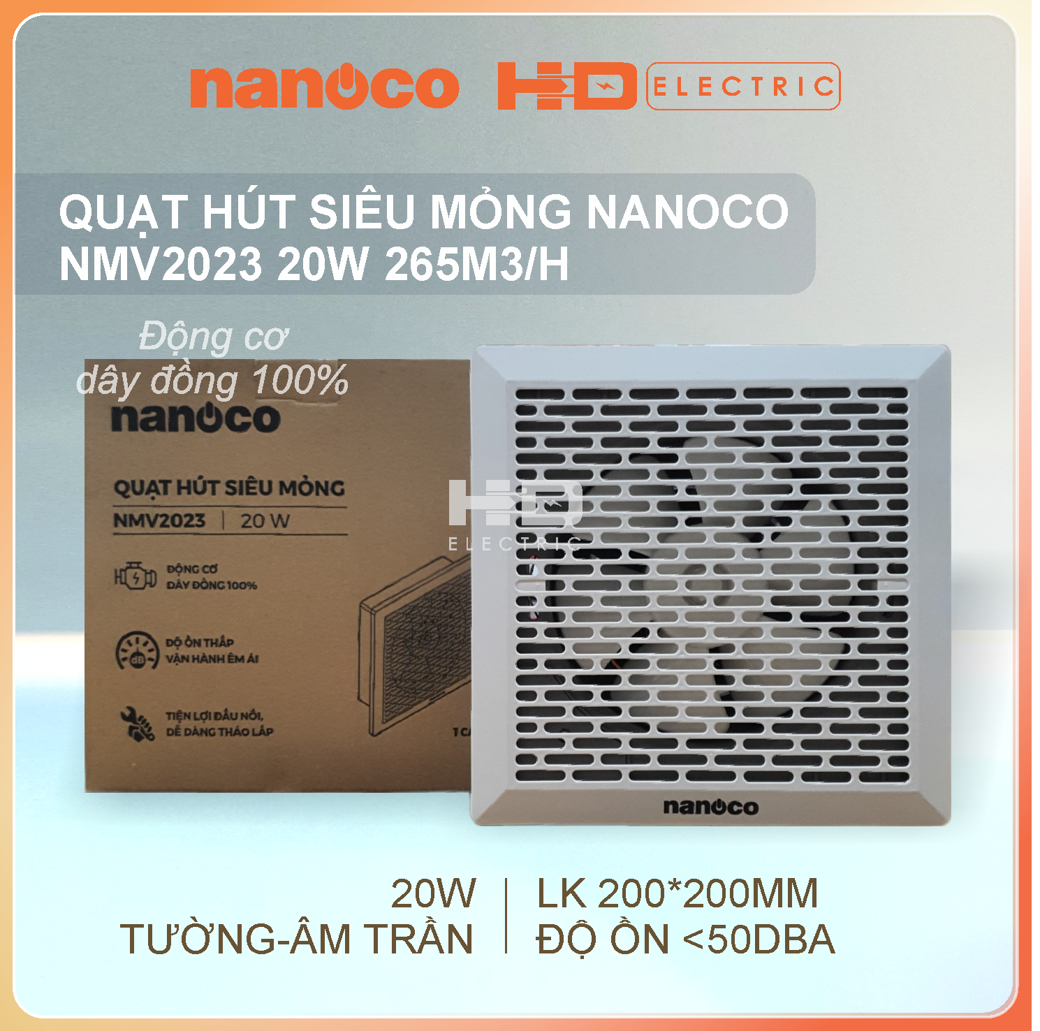Quạt hút siêu mỏng Nanoco NMV2023 20W - Lỗ khoét 200x200mm